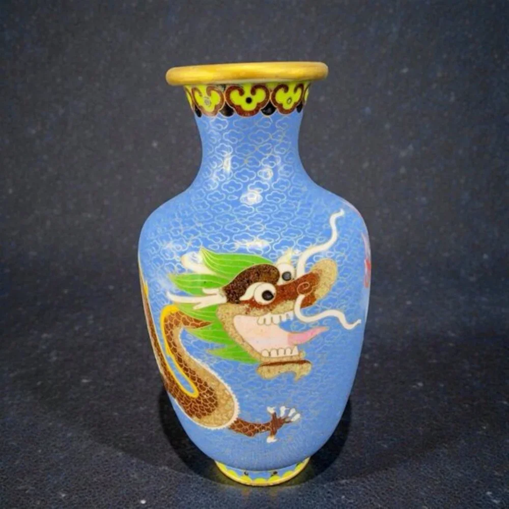 Chinese Cloisonne Enamel Metal Vase Dragon Snake Pattern‎ Vintage Decor Vessel